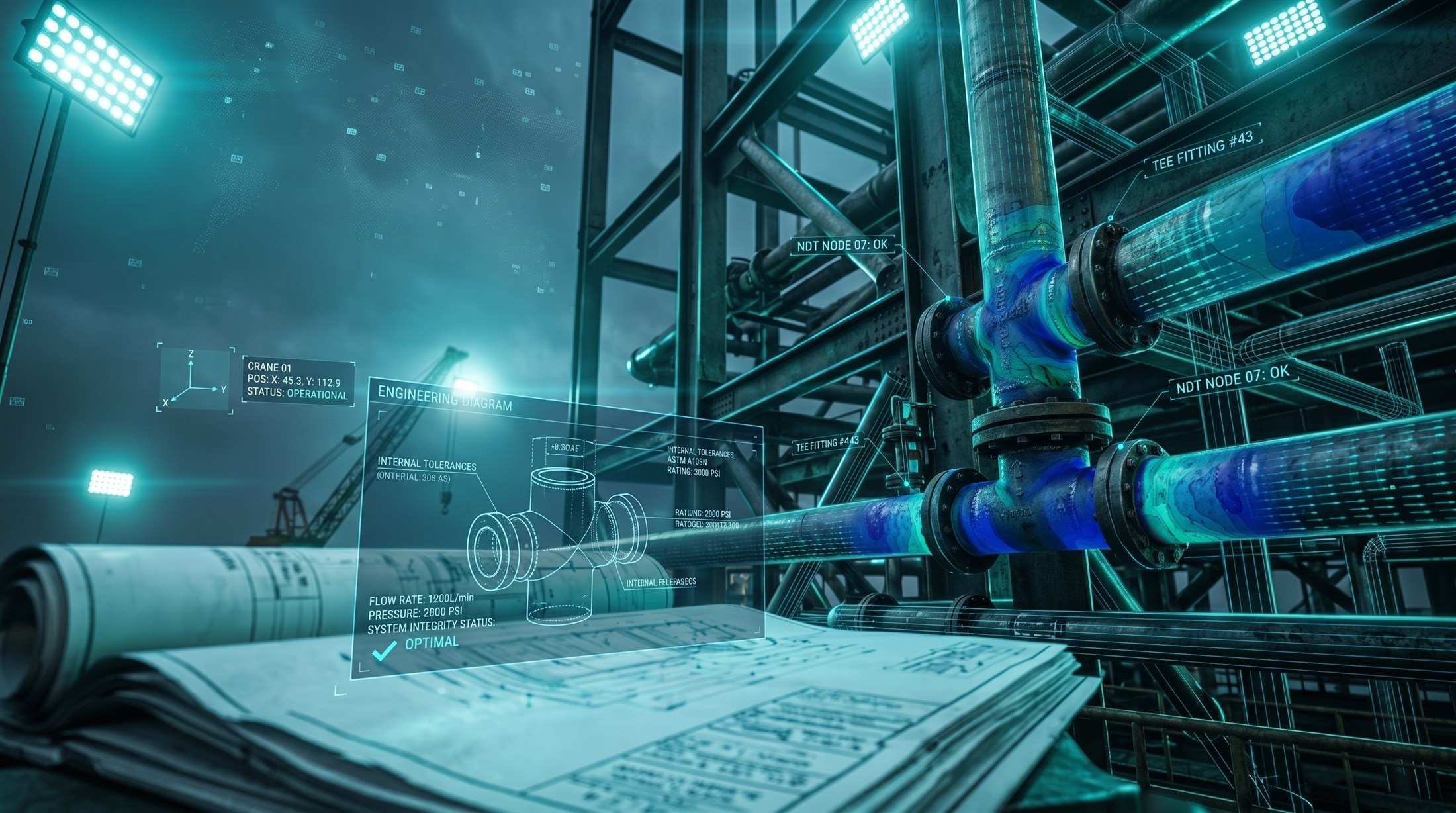 Construction workpack drawings laid out beside structural piping and a crane on an offshore platform